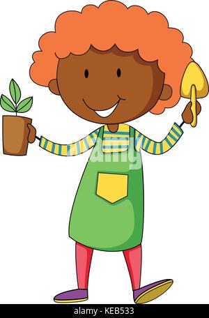 Closeup happy gardener holding potted plant and shovel Stock Vector