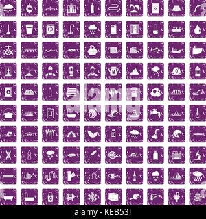 100 water supply icons set grunge purple Stock Vector