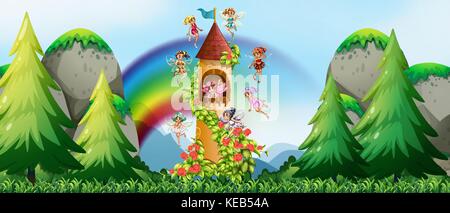 Fairies flying around the castle tower Stock Vector