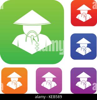 Asian man in conical hat set color collection Stock Vector