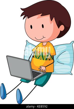 Poster of a boy sitting with a laptop Stock Vector