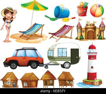 Different beach items and the tourist Stock Vector