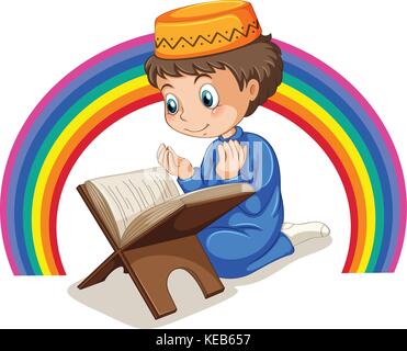 Close up muslim boy praying with rainbow background Stock Vector