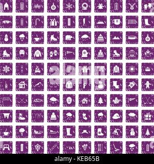 100 winter icons set grunge purple Stock Vector