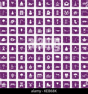 100 winter holidays icons set grunge purple Stock Vector
