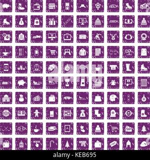 100 winter shopping icons set grunge purple Stock Vector