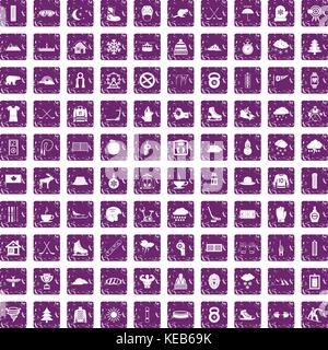 100 winter sport icons set grunge purple Stock Vector