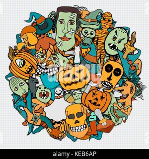 Hand Drawn illustrations objects to the day of Halloween, background in the form of a circle. Each object and symbol are separated. Can print on holid Stock Vector