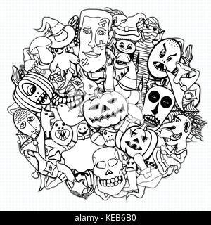 Monochrome Hand Drawn illustrations objects to the day of Halloween, background in the form of a circle. Each object and symbol are separated. Can pri Stock Vector