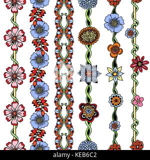 Colorful vector floral borders set. Doodle style illustration. Make beautiful frames and ribbons of seamless borders Stock Vector