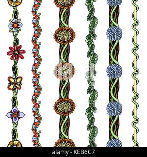 colorful vector floral borders set. Doodle style illustration Stock Vector