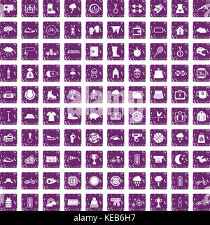 100 woman sport icons set grunge purple Stock Vector