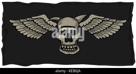 biker theme labels. skulls with wings, On the old grunge dark background. Stock Vector