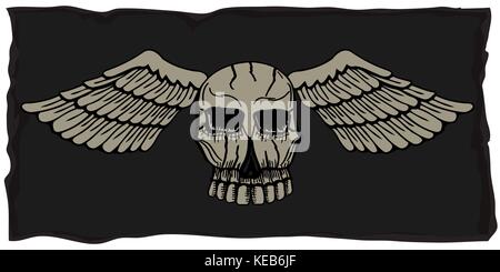 biker theme labels. skulls with wings, On the old grunge dark background. Stock Vector