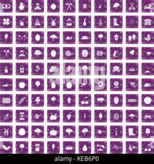 100 agriculture icons set grunge purple Stock Vector