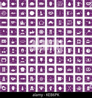 100 breakfast icons set grunge purple Stock Vector