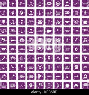 100 work icons set grunge purple Stock Vector