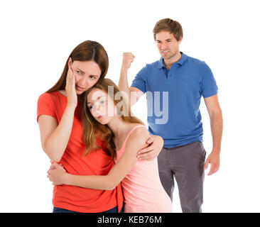 Daughter Comforting Mother While Her Parent Having Conflict Isolated On White Background Stock Photo