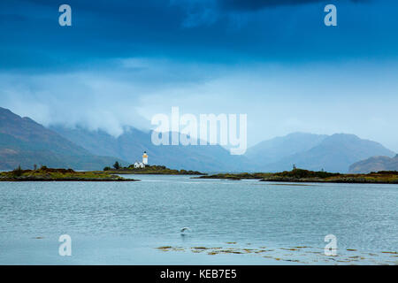 Ornsay lighthouse,with the Knoydart Hills beyond, stands on the islet of Eilean Sionnach off the Sleat peninsula, Isle of Skye, Highland, Scotland, UK Stock Photo