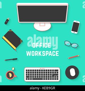 top view of office desk with pc Stock Vector