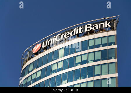PRAGUE, CZECH REPUBLIC - OCTOBER 14: UniCredit Group banking company logo on branch building on October 14, 2017 in Prague, Czech republic. Italys lar Stock Photo