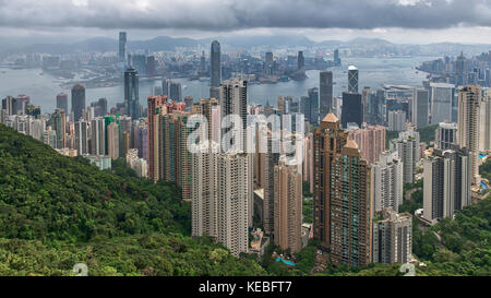 A panorama of the Hong Kong skyline from the Peak on a cloudy and stormy day Stock Photo