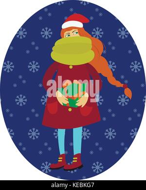 Happy girl holding a Gift in her Hands. Vector illustration on the theme of Christmas and New Year Stock Vector