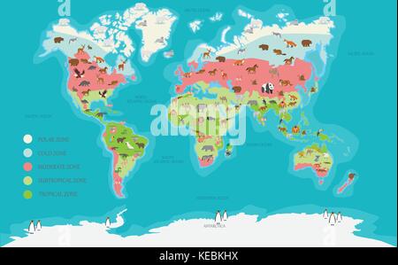World Map climate zone and animal highly detailed vector illustration Stock Vector