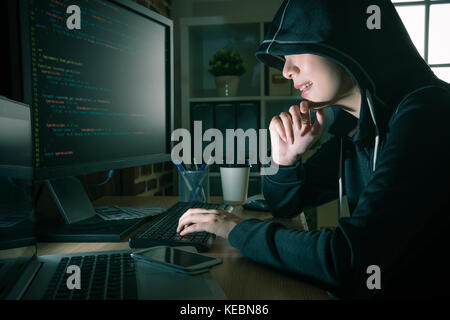 professional pretty female programmer thinking how to design developing online steal system through code language and hacking identity information. Stock Photo
