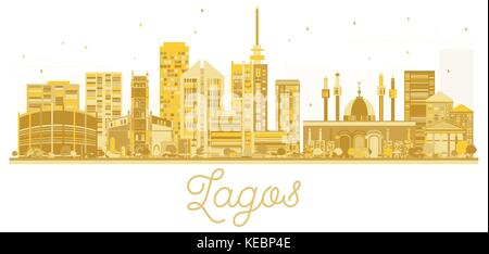 Lagos City skyline golden silhouette. Vector illustration. Business travel concept. Lagos Cityscape with landmarks. Stock Vector