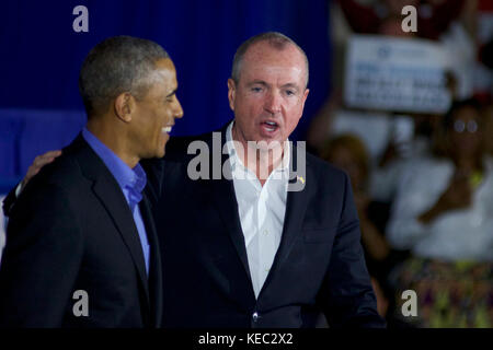 Newark, New Jersey, USA. 19th Oct, 2017. Former US president Barack Obama returns on the campaign trail at a rally for New Jersey gubernatorial candidate Phil Murphy, in Newark, NJ, on October 19, 2017. Credit: Bastiaan Slabbers/Alamy Live News Stock Photo