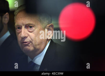 Washington, USA. 19th Oct, 2017. U.S. Defense Secretary Jim Mattis speaks during a meeting with Israeli Defense Minister Avigdor Lieberman (not in the picture) at the Pentagon in Washington, DC, the United States, on Oct. 19, 2017. Credit: Yin Bogu/Xinhua/Alamy Live News Stock Photo