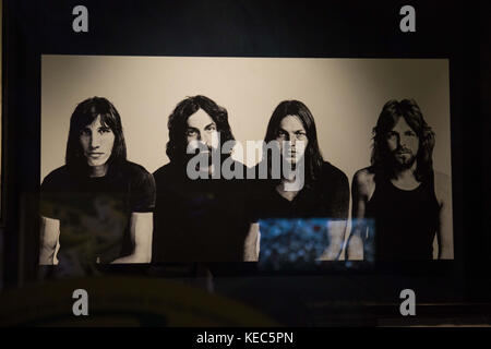 October 15, 2017 - London, London, United Kingdom - (From left to Right) Roger Waters, Nick Mason, David Gilmour and Richard Wright are seen in an old picture from the 60' at the Pink Floyd exhibition..The Pink Floyd exhibition was held in London at Victoria and Albert Museum from 13 May 2017 to 15 October 2017. Visitors experienced a remarkable and unparalleled audio-visual journey from the beginning of the progressive music band until the present day by seeing their encounter costumes, music instruments, posters, artworks, sculptures, while watching videos and listening their music. Pink Flo Stock Photo