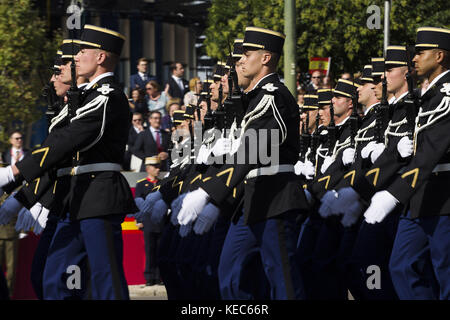 October 12, 2017 - Madrid, Madrid, Spain - The French Gendarmerie also parading through the streets of Madrid..National day military parade has been held in Madrid with a thematic character that aims to show what the Spanish troops can do, mainly abroad, and in collaboration with the State Security Forces and Bodies. Hence the participation of components of the Civil Guard and this year for the first time ever, the National Police Corps..In addition, in this year edition the tribute to the fallen was dedicated to civilian.victims, and for this reason accompanying His Majesty the King in the ev Stock Photo