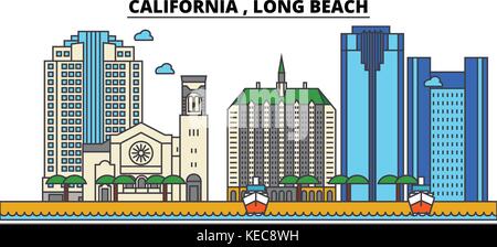 California, , Long Beach.City skyline architecture, buildings, streets, silhouette, landscape, panorama, landmarks, icons. Editable strokes. Flat design line vector illustration concept. Stock Vector
