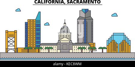 California, Sacramento.City skyline architecture, buildings, streets, silhouette, landscape, panorama, landmarks, icons. Editable strokes. Flat design line vector illustration concept. Stock Vector