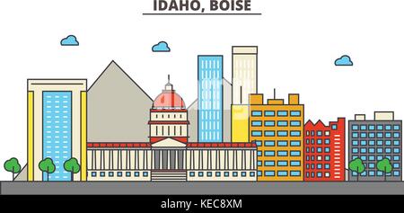 Idaho, Boise.City skyline architecture, buildings, streets, silhouette, landscape, panorama, landmarks, icons. Editable strokes. Flat design line vector illustration concept. Stock Vector