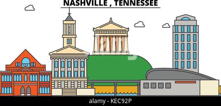 Nashville, Tennessee. City skyline architecture, buildings, streets, silhouette, landscape, panorama, landmarks. Editable strokes. Flat design line vector illustration concept. Isolated icons Stock Vector