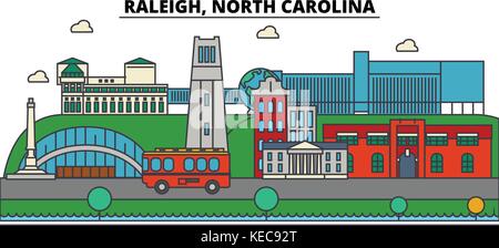 Raleigh, North Carolina. City skyline architecture, buildings, streets, silhouette, landscape, panorama, landmarks. Editable strokes. Flat design line vector illustration concept. Isolated icons Stock Vector