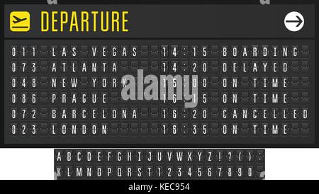 Airport or railroad realistic scoreboard with flip symbols - departure board Stock Vector