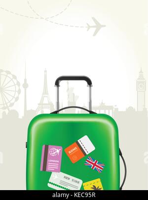 Modern suitcase with travel tags - journey baggage Stock Vector