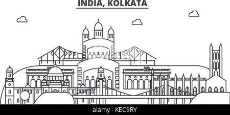 India, Kolkata architecture line skyline illustration. Linear vector cityscape with famous landmarks, city sights, design icons. Landscape wtih editable strokes Stock Vector
