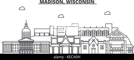 Madison, Wisconsin architecture line skyline illustration. Linear vector cityscape with famous landmarks, city sights, design icons. Landscape wtih editable strokes Stock Vector