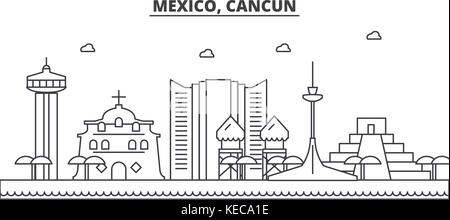Mexico, Cancun architecture line skyline illustration. Linear vector cityscape with famous landmarks, city sights, design icons. Landscape wtih editable strokes Stock Vector