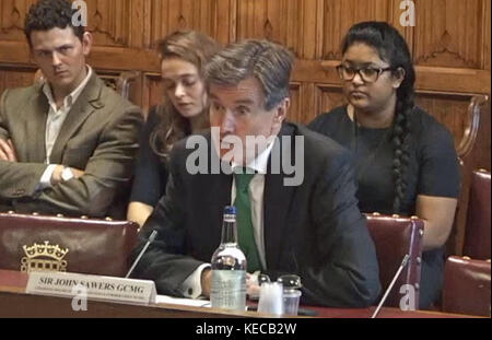 Former head of MI6 Sir John Sawers gives evidence on Brexit to the House of Lords EU External Affairs Sub-Committee in the House of Lords, London, where he warned that spending on the military, intelligence and diplomacy may have to increase in order to maintain the UK's influence on the world stage after Brexit. Stock Photo