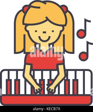 Happy little girl playing on piano, pianist concept.   Stock Vector