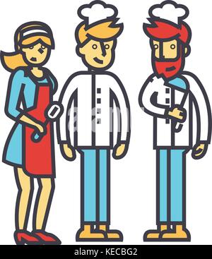 Restaurant team, kitchen workers, waiter, cooker. bartender concept.   Stock Vector