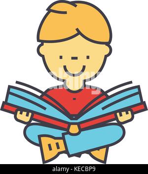 Kid reading a book concept. Line vector icon. Editable stroke. Flat linear illustration isolated on white background Stock Vector