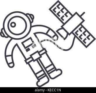 spaceman in space with spaceship vector line icon, sign, illustration on background, editable strokes Stock Vector