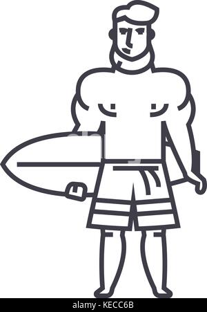 strong man with surfing board vector line icon, sign, illustration on background, editable strokes Stock Vector